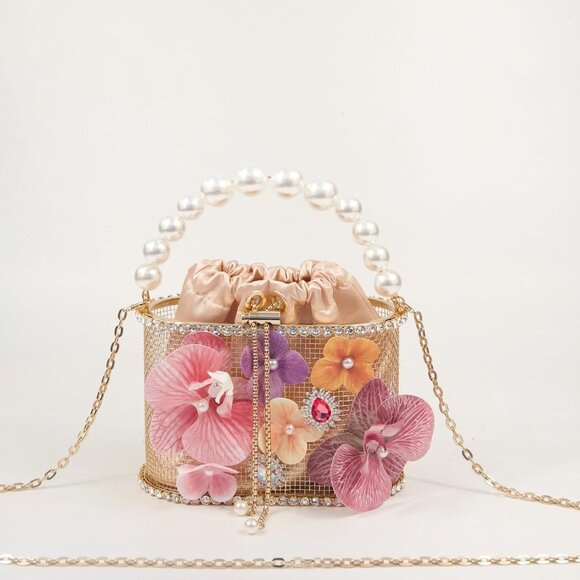 ⚡ Women's Multi Flower Shaped Rhinestone Evening Metallic Bucket Crossbody Bag - Picture 3 of 9